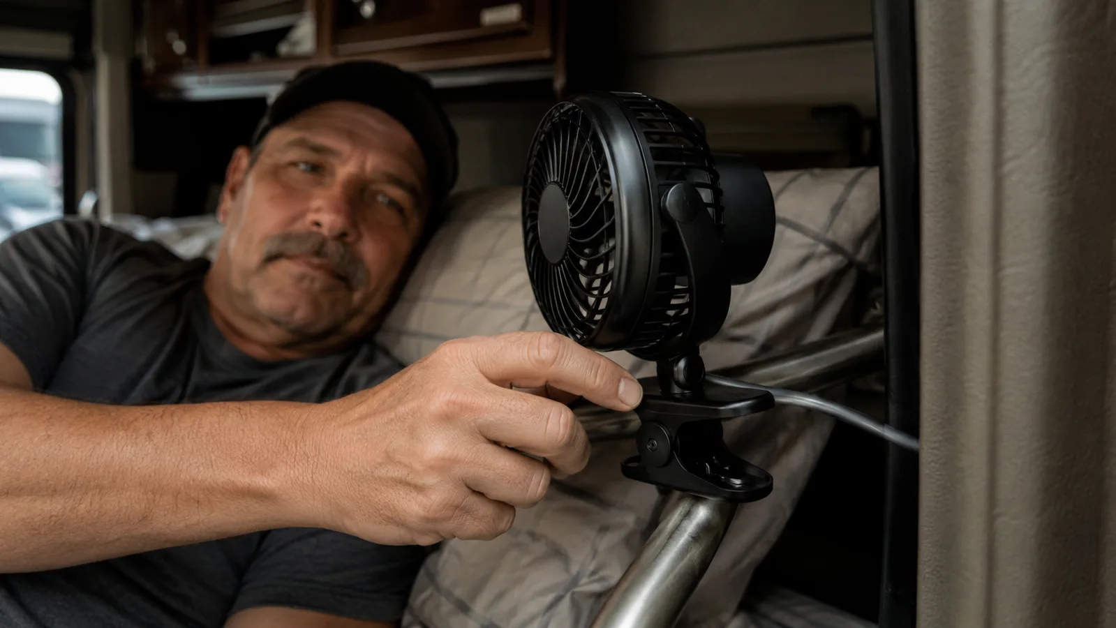 A man's hand clamping a small black clip-on fan onto a metal bunk rail in a truck sleeper cab