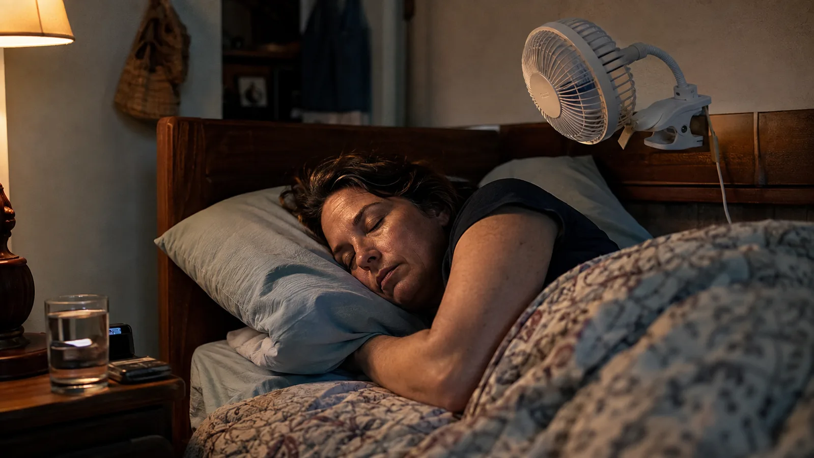 A woman sleeping in a small bedroom with a clip-on fan clamped to her headboard, aimed directly at her pillow