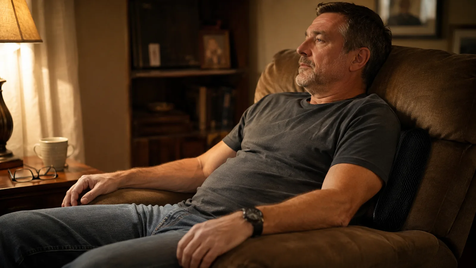 Man relaxing in a home recliner in the evening with a lumbar support pillow behind his lower back, reading glasses and a mug on the side table