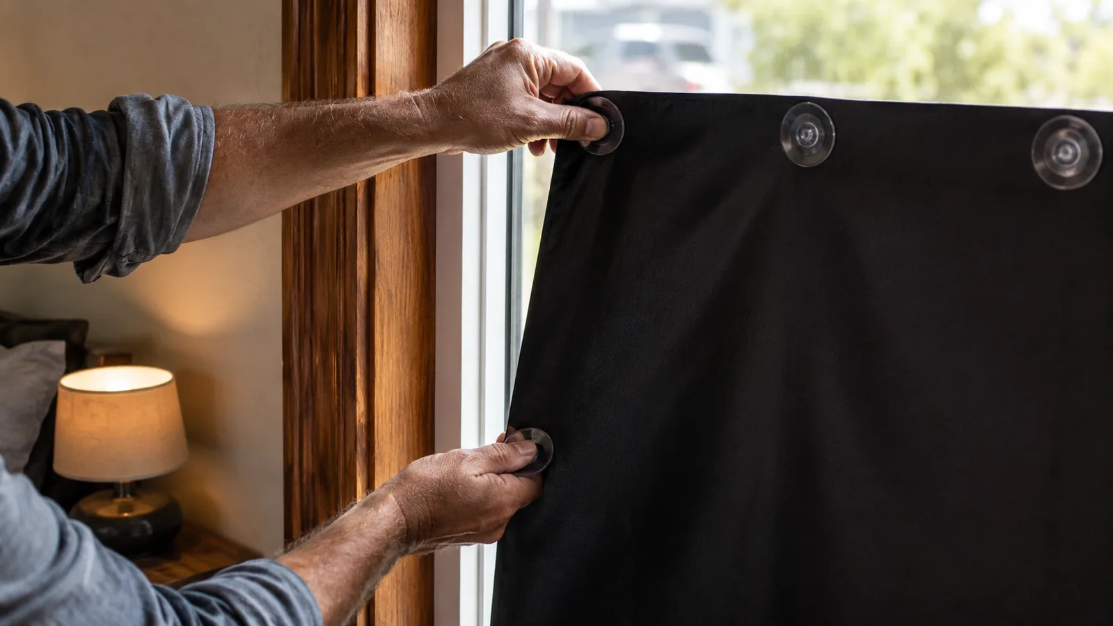 A man's hands pressing a black DREAM ART portable blackout curtain's suction cups against a bedroom window frame.