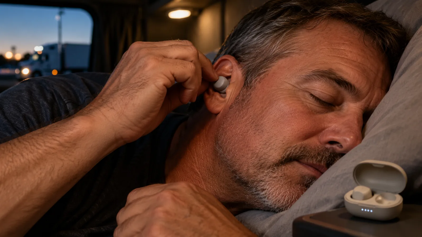 A close-up of a hand placing a tiny silicone sleep earbud into an ear while lying on a pillow