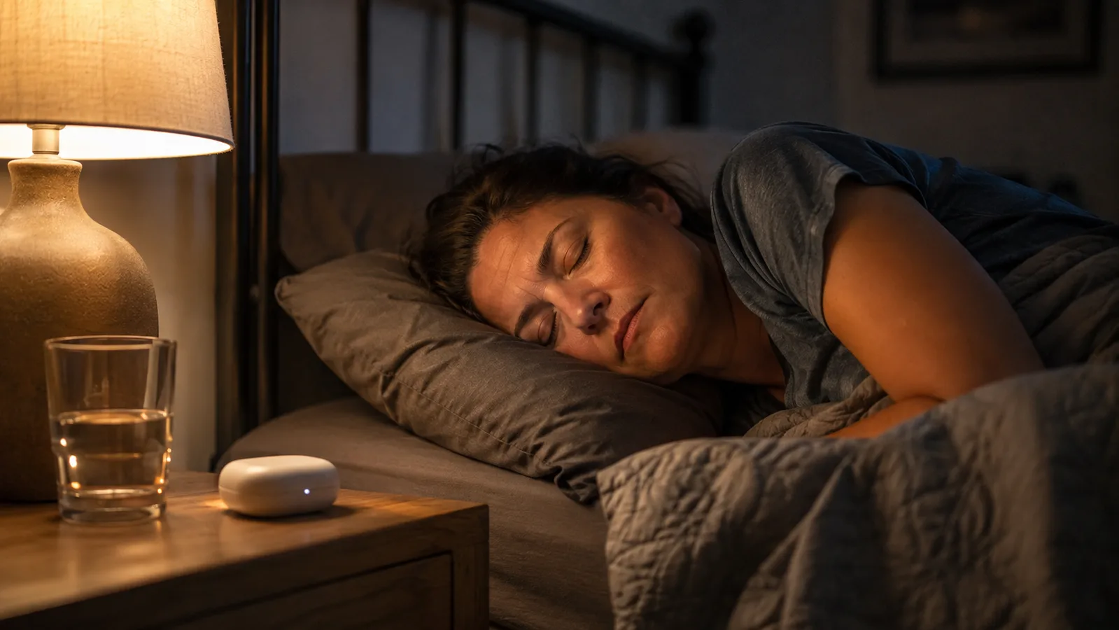 A woman sleeping on her side at home in a quiet bedroom with a small earbud charging case on the nightstand