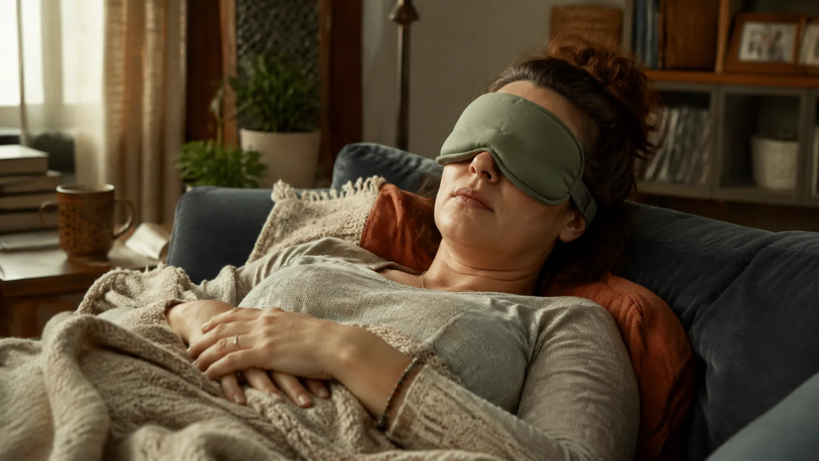 A woman relaxing on a living room couch at home wearing a sage green weighted sleep mask during a daytime nap