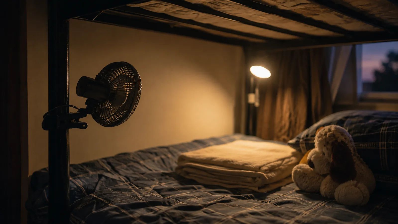 A small clip fan clamped to a bunk bed frame in a home bedroom at dusk