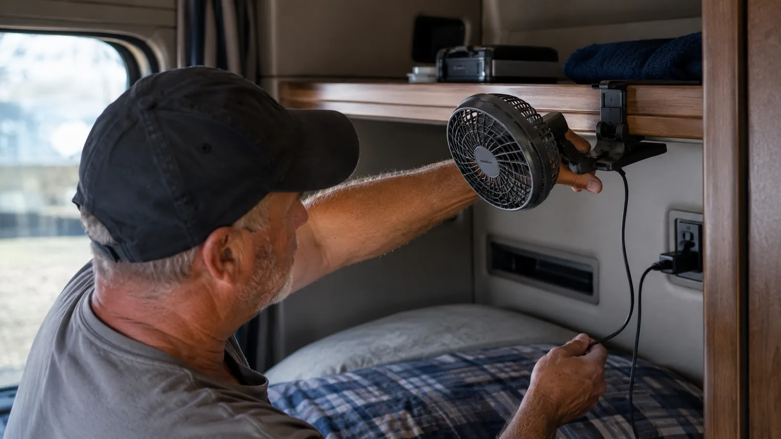 A hand clamping a BESKAR clip-on fan onto a wooden shelf edge in a bedroom, angled to blow across the bed