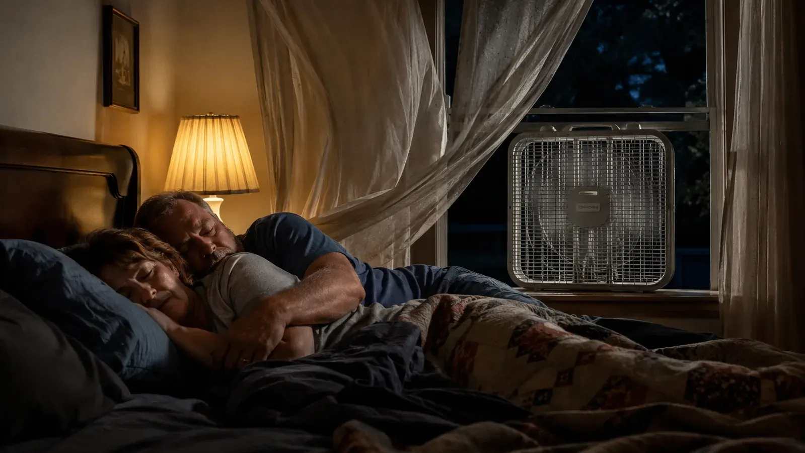 A box fan sitting in an open bedroom window at night moving the curtains, home bedroom setting