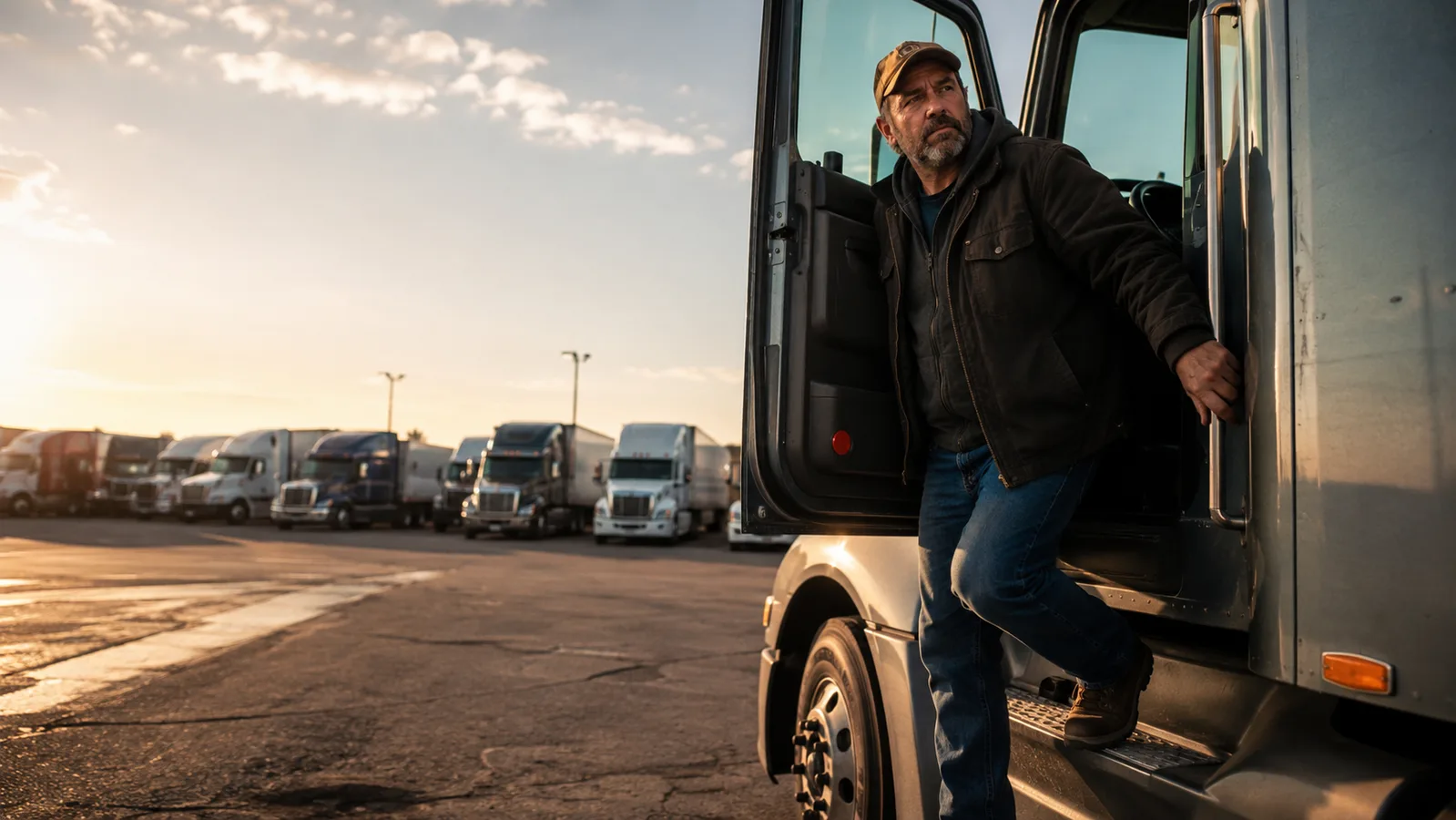 A truck driver stepping out of his cab in early morning light at a truck stop, looking rested