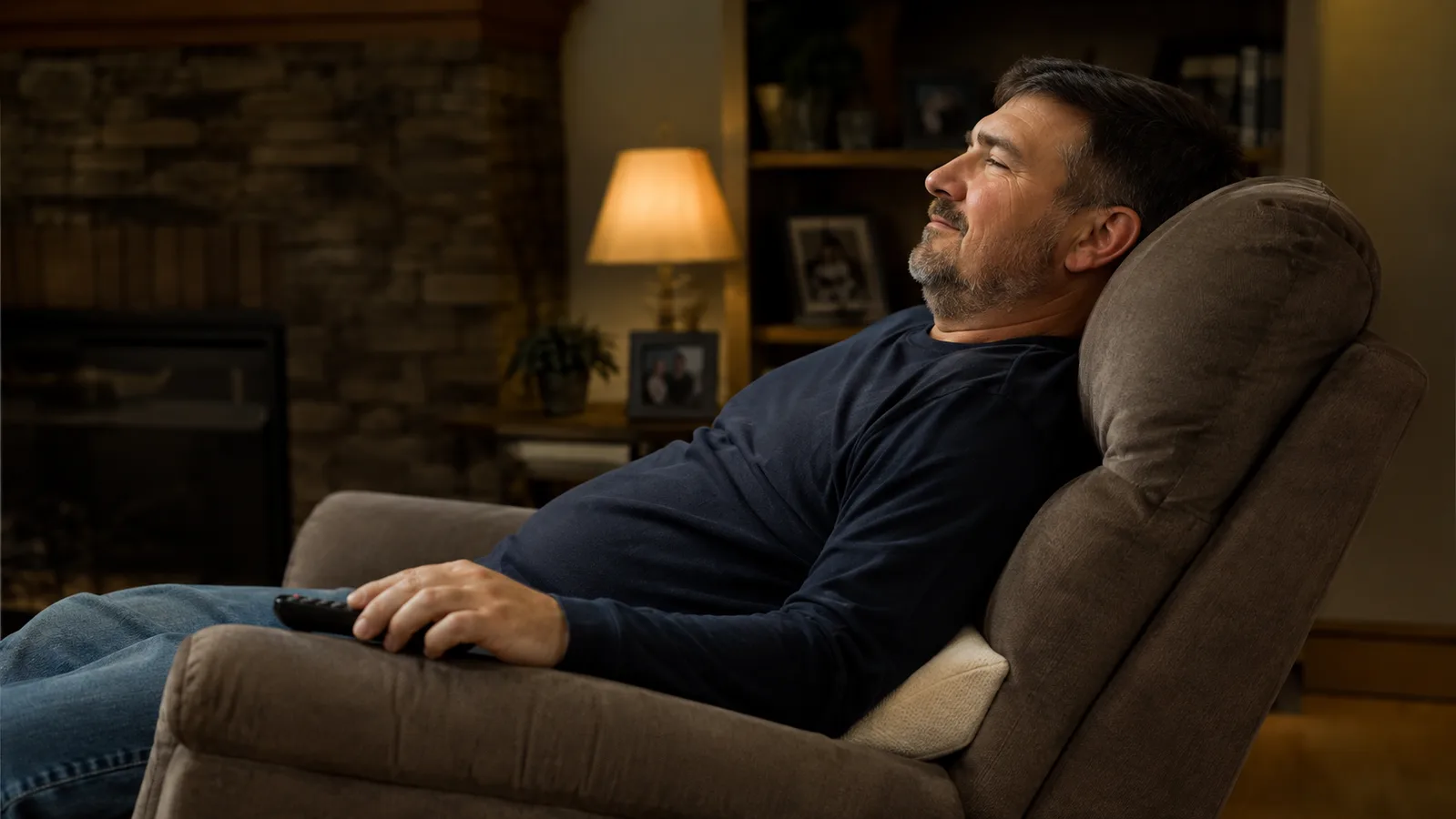 Man reclining in a home recliner chair in the evening with a lumbar pillow positioned against his lower back