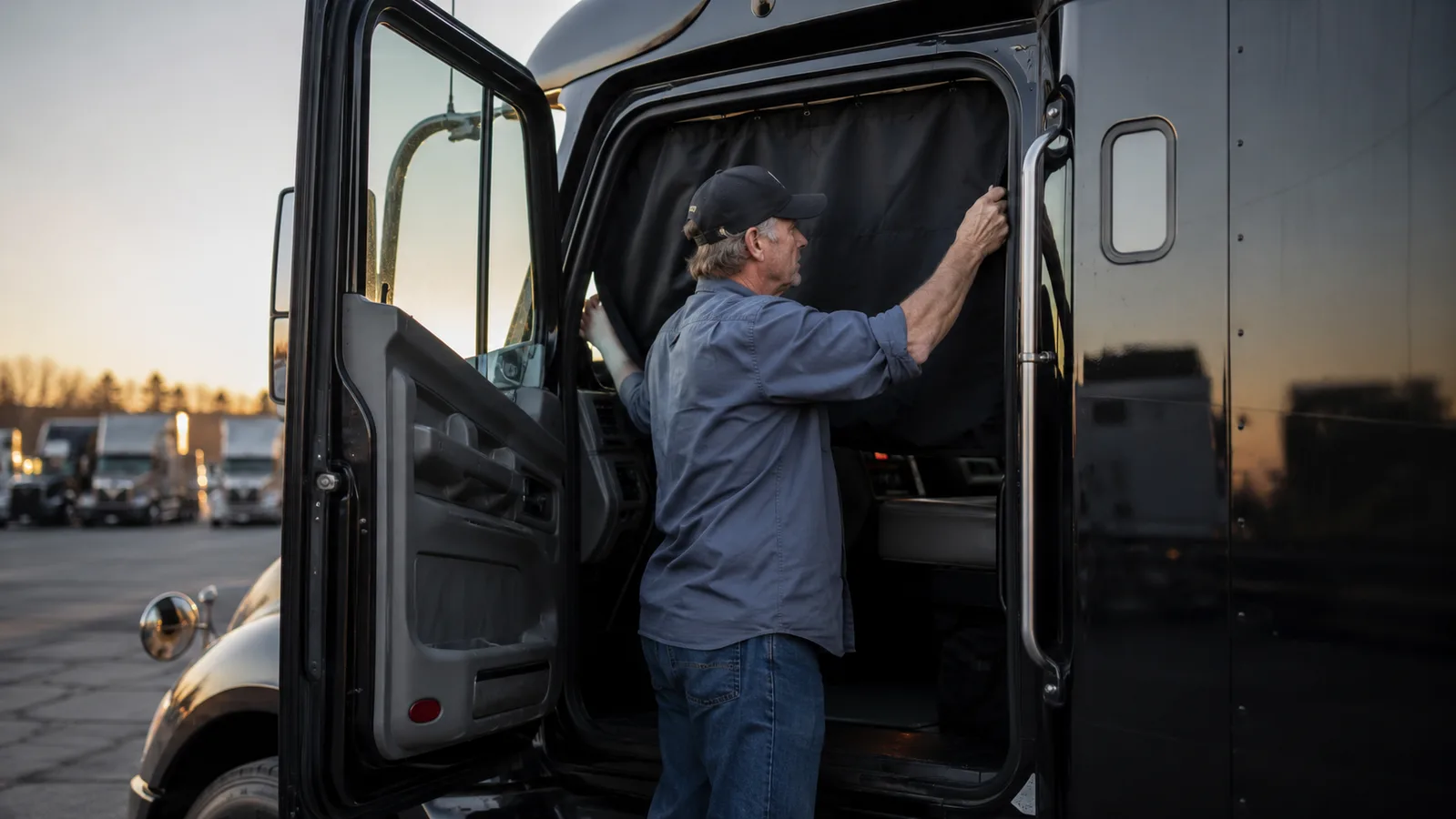 A truck driver folding down a black blackout curtain from the windshield in early morning light before starting the engine