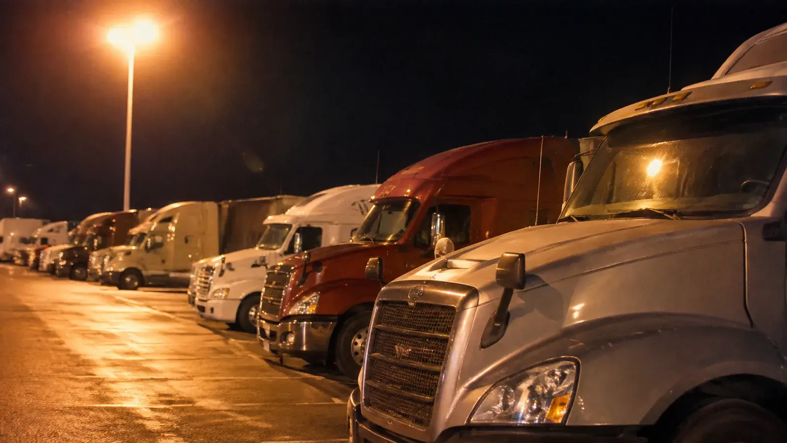 A truck stop parking lot at night lit by a tall sodium lot light, rows of parked semi trucks in the glow