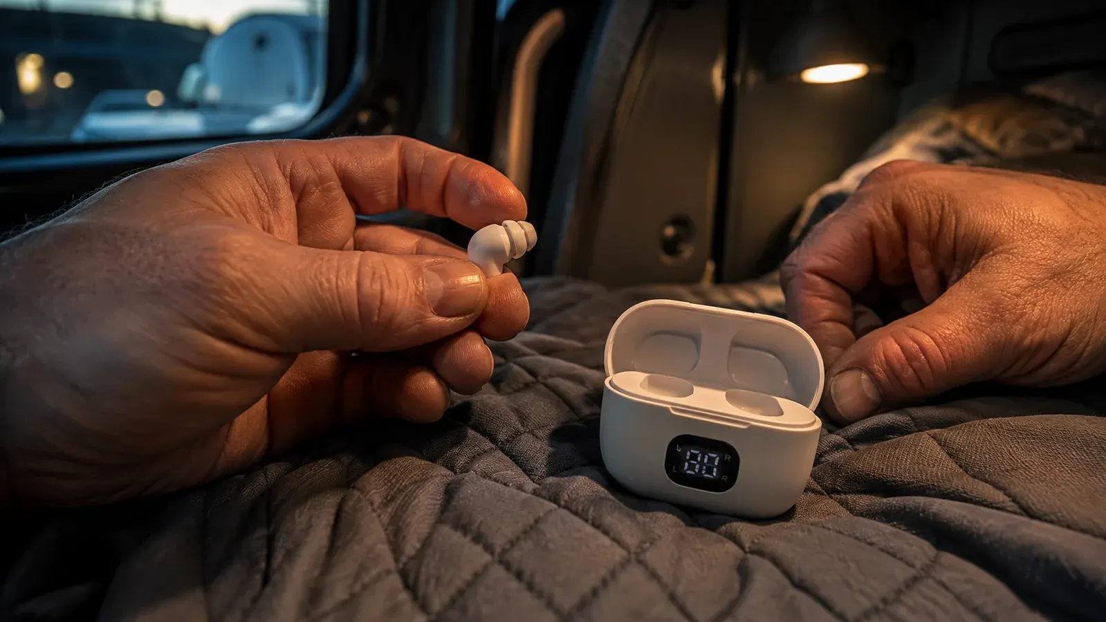 Close-up of a hand holding a pair of sunvito mini silicone sleep earbuds next to their charging case with LED display, showing the small low-profile design