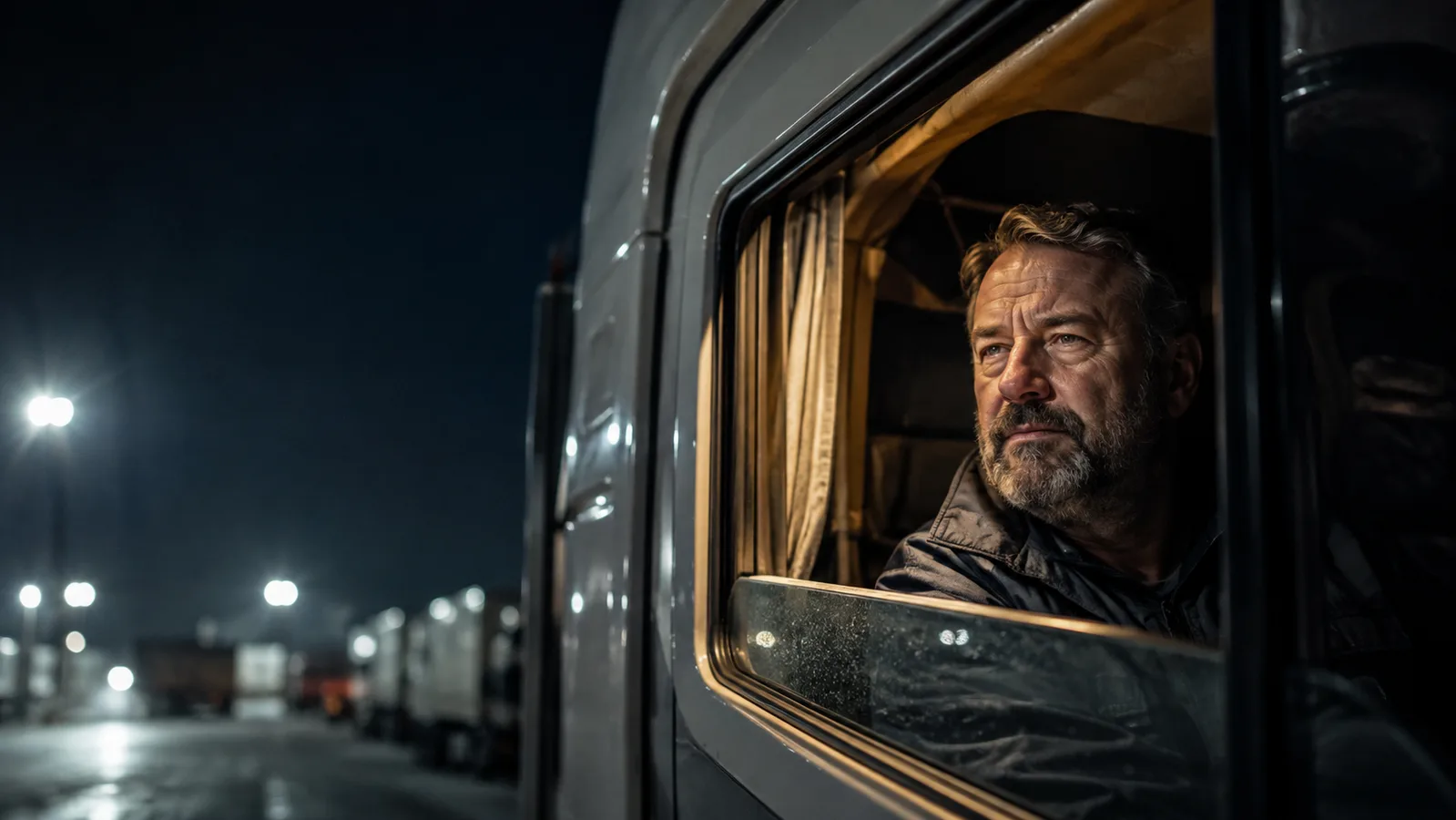 A truck window cracked open at night with a curtain lifting slightly from a cross breeze