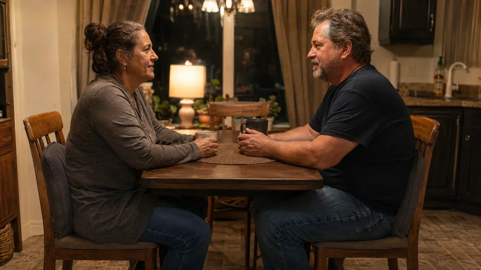 A trucker and his wife sitting at their kitchen table in the evening, both using lumbar pillows on their chairs