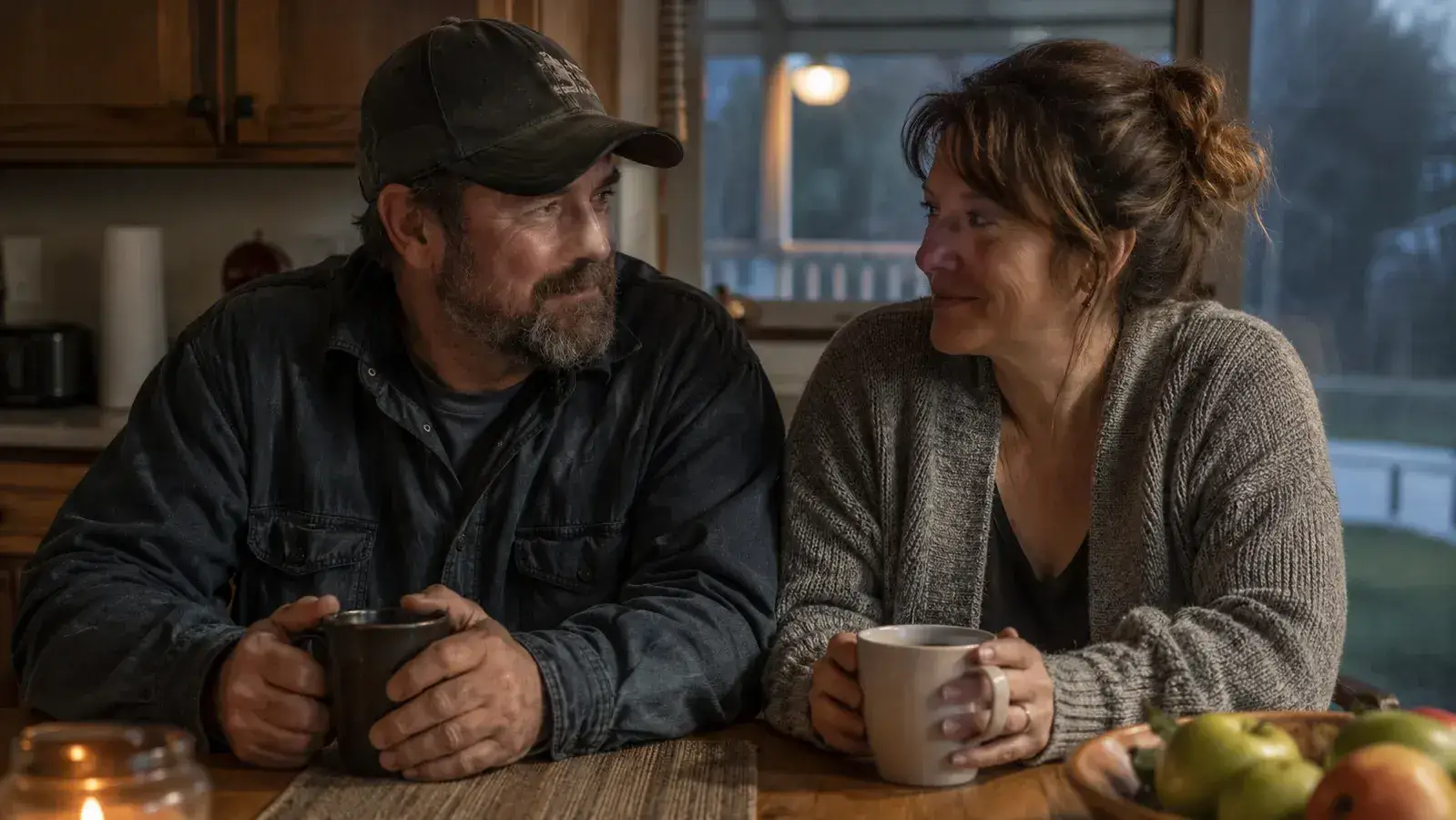 A trucker and his wife at their kitchen table with morning coffee, porch light visible through the window behind them