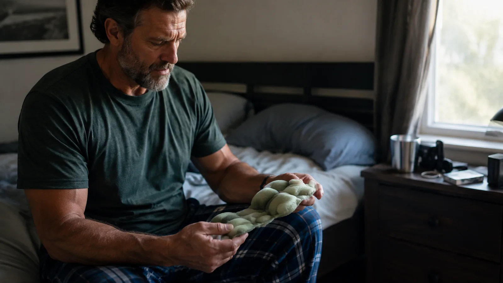 Man in his fifties sitting on the edge of a bed kneading the bead pockets of a weighted sleep mask back into shape with both hands
