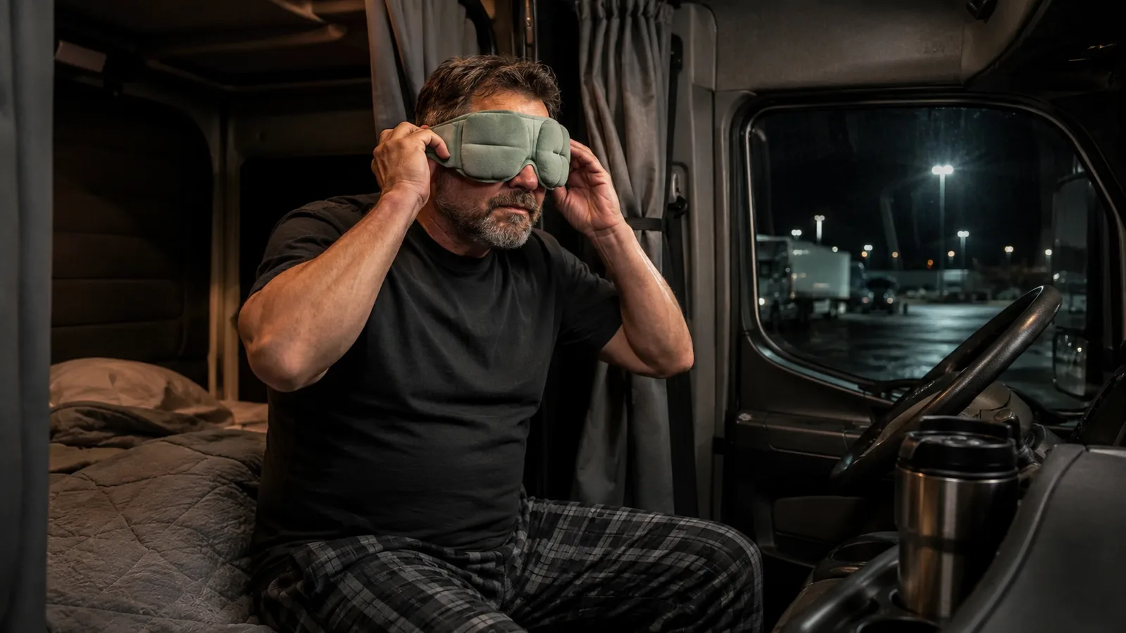Close-up of a man's hand pressing the bead-filled weight of a nodpod sleep mask against his closed eyes while sitting up on a truck stop bunk