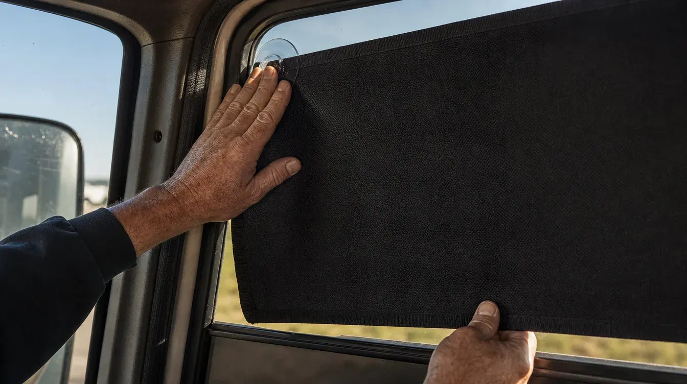 A hand pressing a suction cup on a black fabric blackout shade against a truck cab window, with a visible thin gap of daylight along the bottom edge