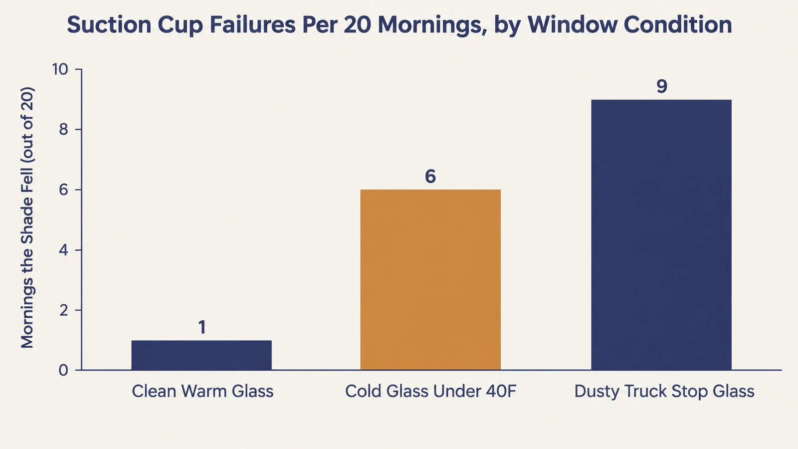 Bar chart titled Suction Cup Failures Per 20 Mornings by Window Condition showing 1 failure on Clean Warm Glass, 6 failures on Cold Glass Under 40F, and 9 failures on Dusty Truck Stop Glass