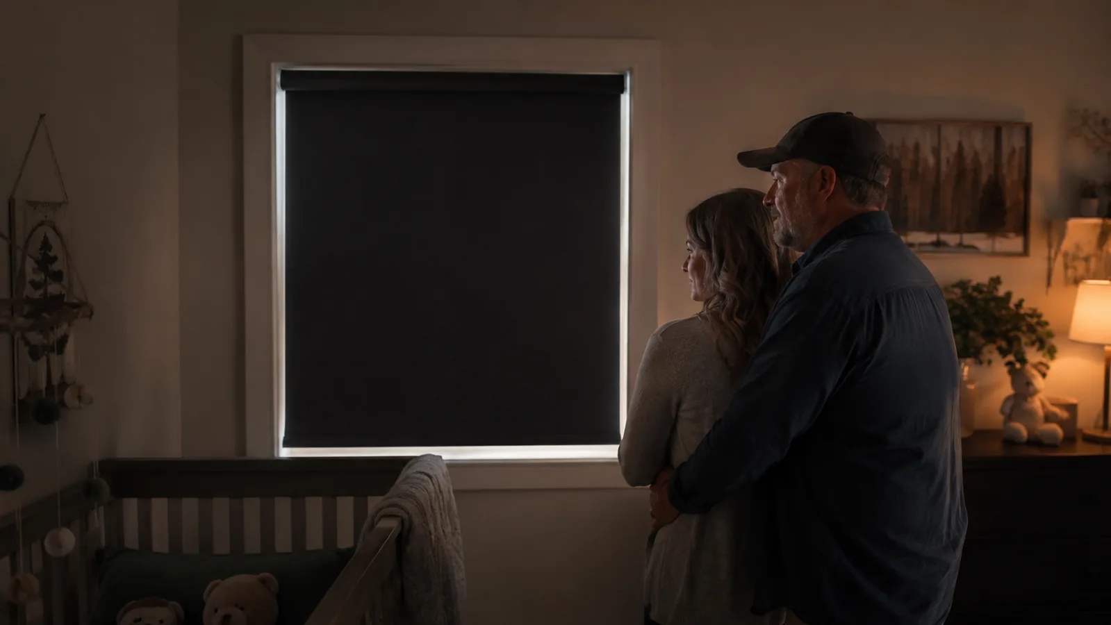 A nursery window at home fully blacked out in mid morning, calm dark room, contrasted with the sleeper cab failure