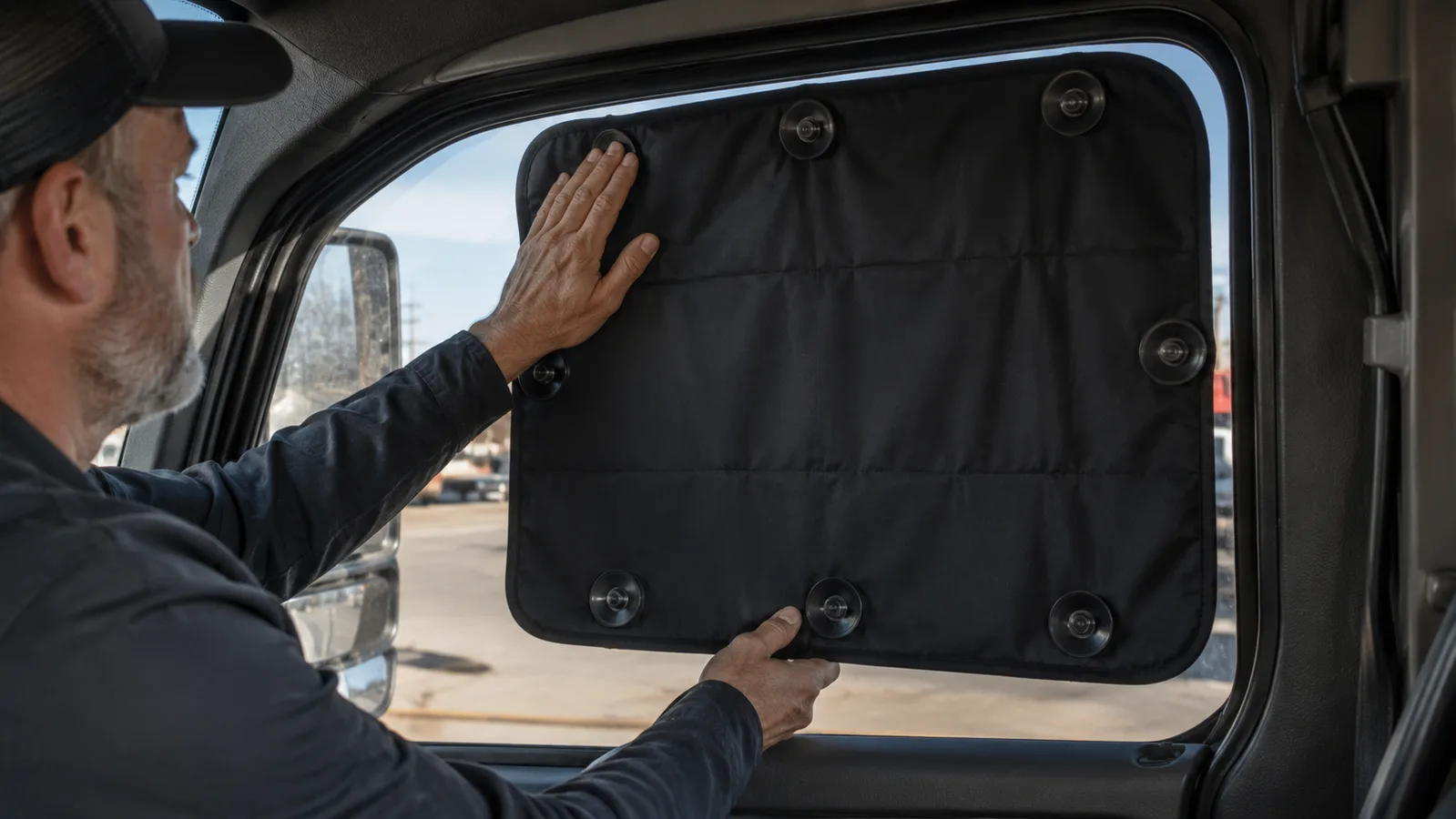 A man's hand pressing a suction cup into place while mounting a black DREAM ART portable blackout shade onto the inside of a truck cab side window