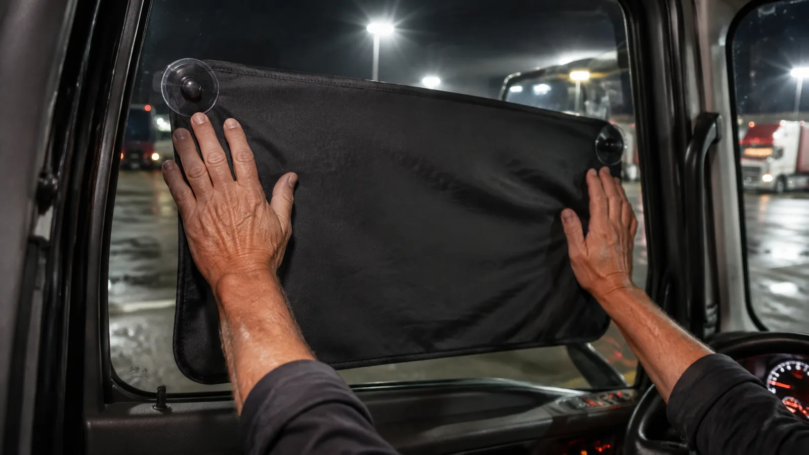 Man's hands pressing the suction cups of a black portable blackout shade onto the inside of a truck cab door window at night