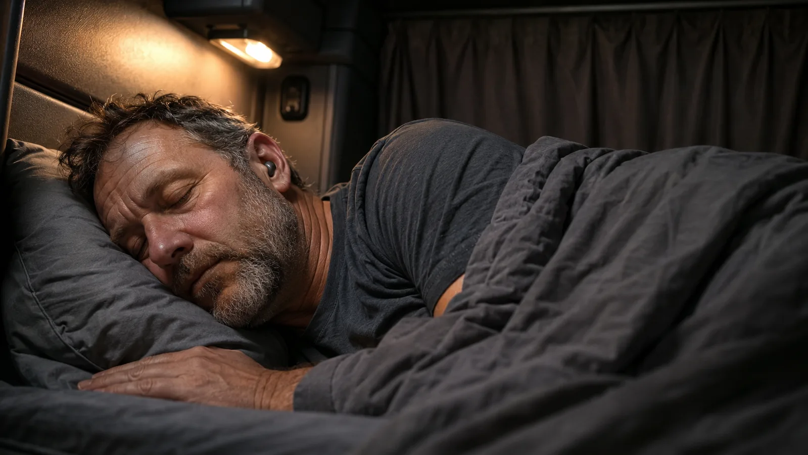 A truck driver lying on his side in a sleeper cab bunk wearing small silicone sleep earbuds
