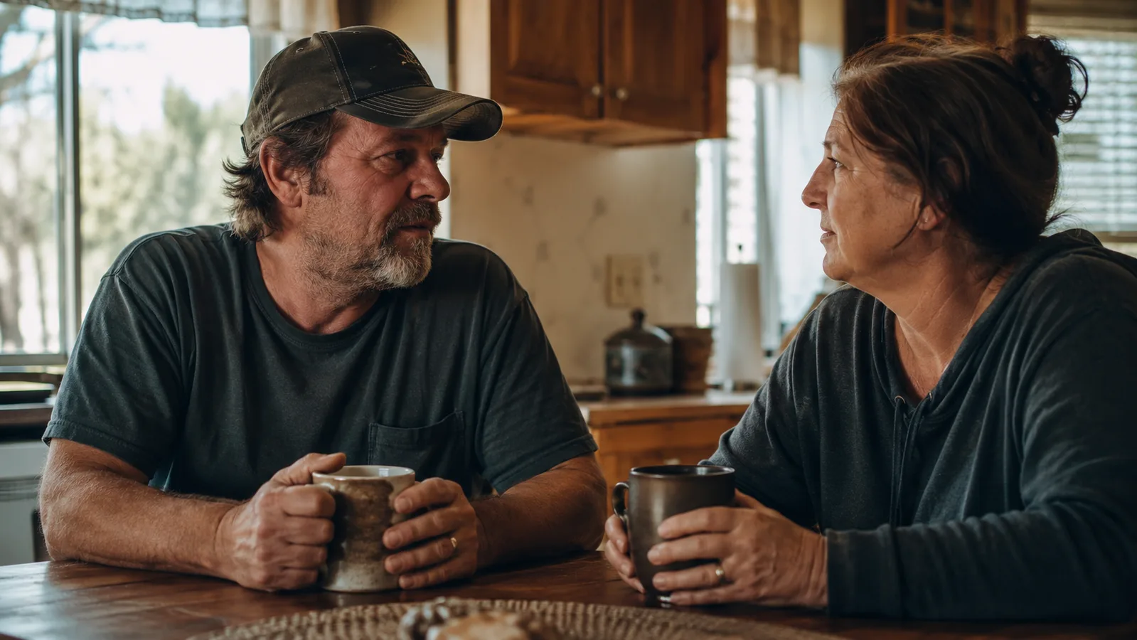 A trucker and his wife sitting at a kitchen table talking in the early morning light