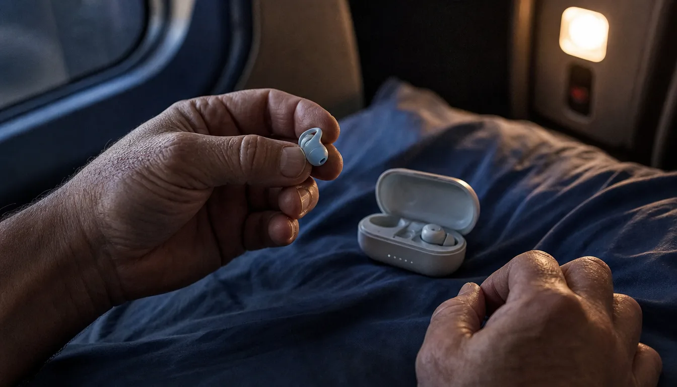 A hand holding a small silicone sunvito sleep earbud up to the light next to its open charging case with an LED battery readout, rumpled bunk sheets in the background