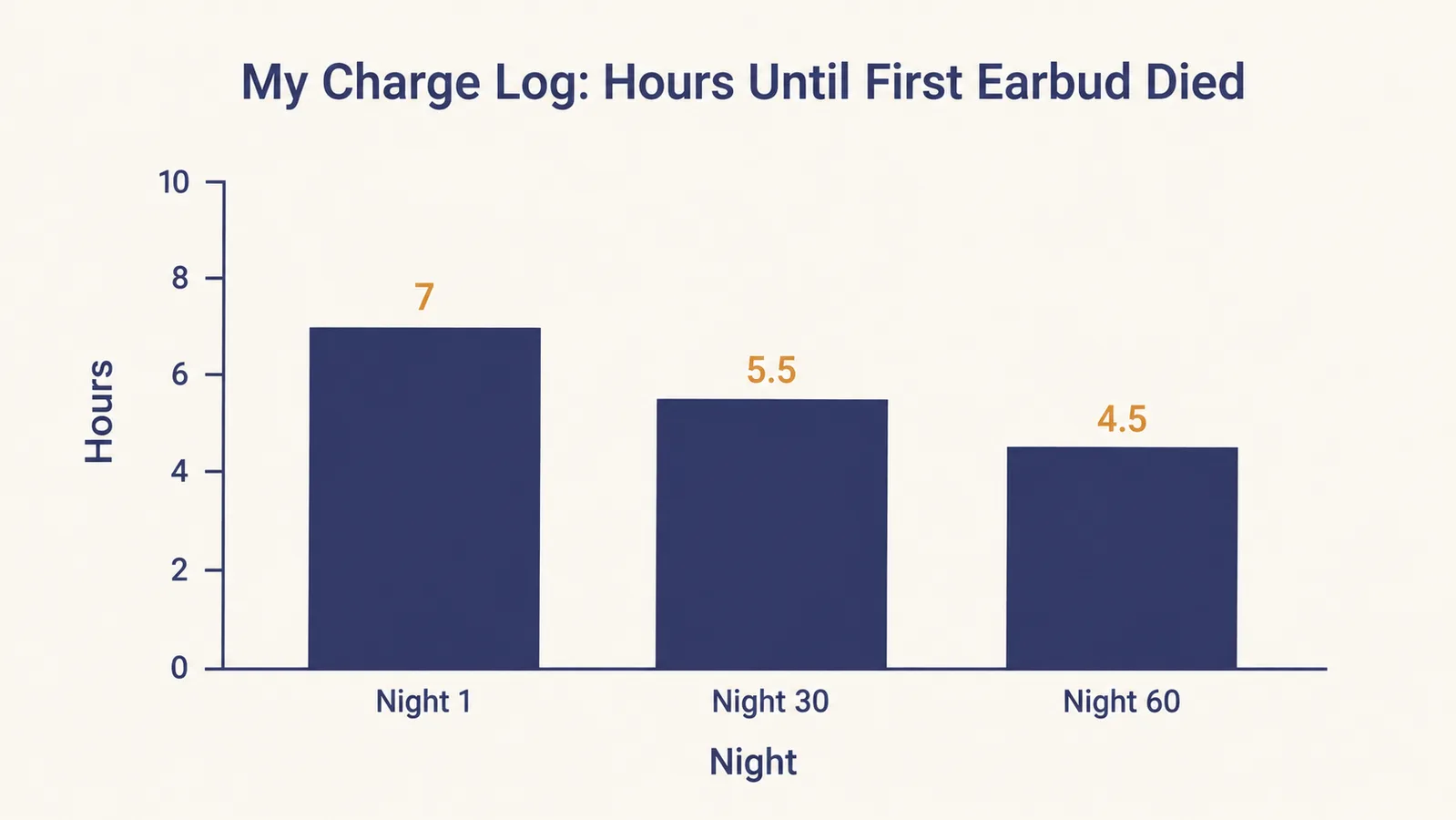 Bar chart titled My Charge Log, Hours Until First Earbud Died, showing Night 1 at 7 hours, Night 30 at 5.5 hours, and Night 60 at 4.5 hours