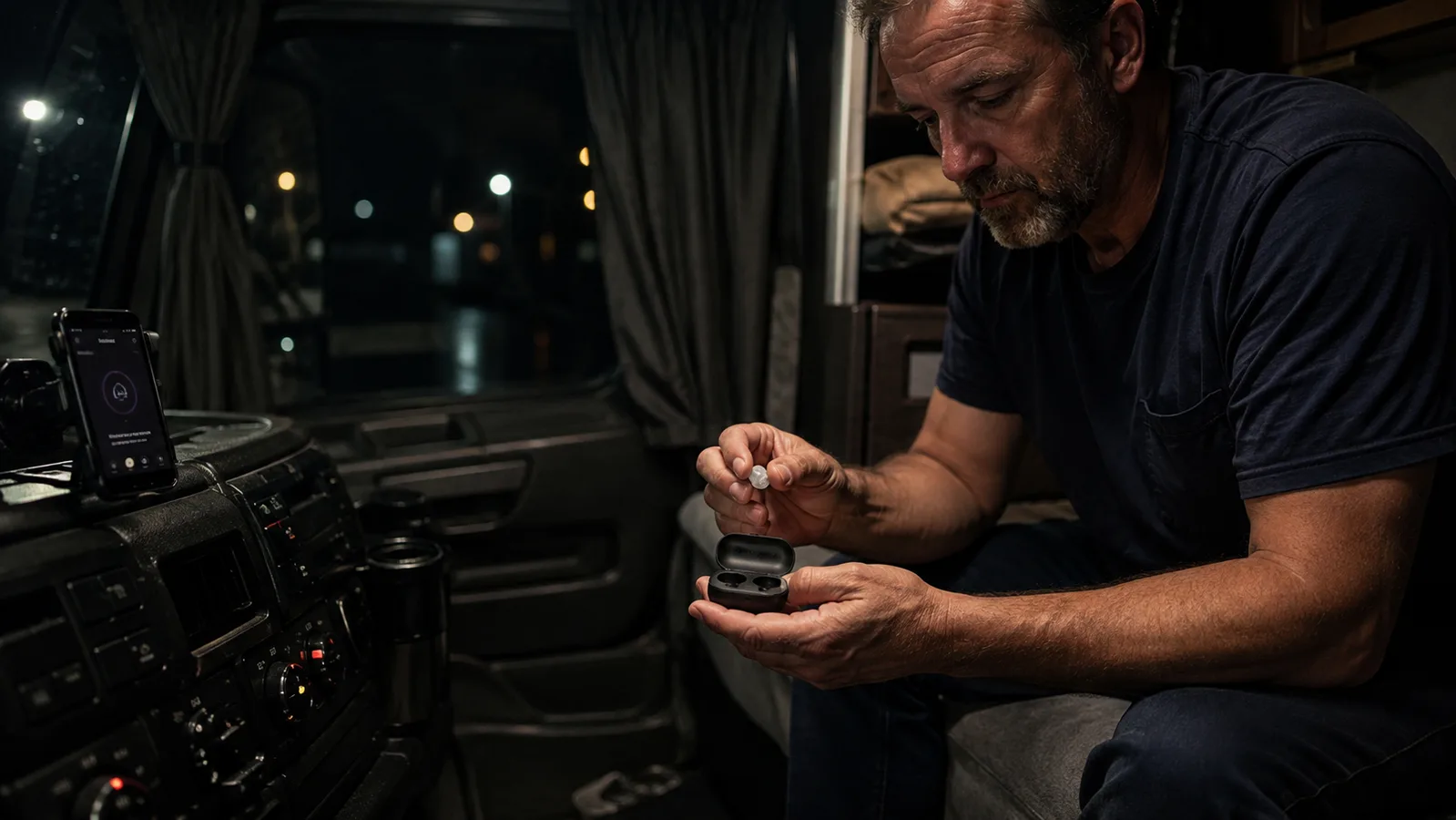 Close-up of a man's hand pinching a mini invisible silicone sleep earbud from its charging case on a truck bunk at night