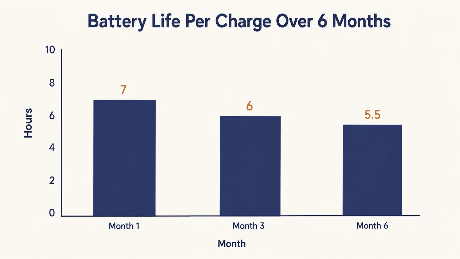 Bar chart showing battery life per charge dropping slightly over 6 months of use