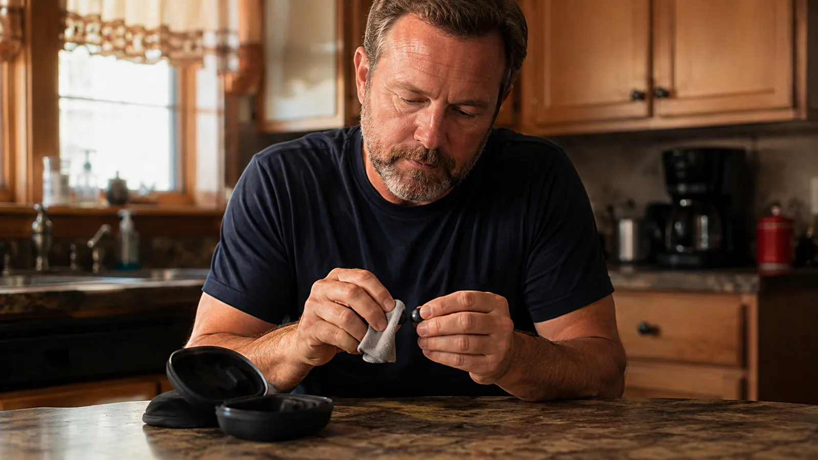 Man cleaning a tiny silicone sleep earbud tip with a soft cloth at a kitchen counter at home