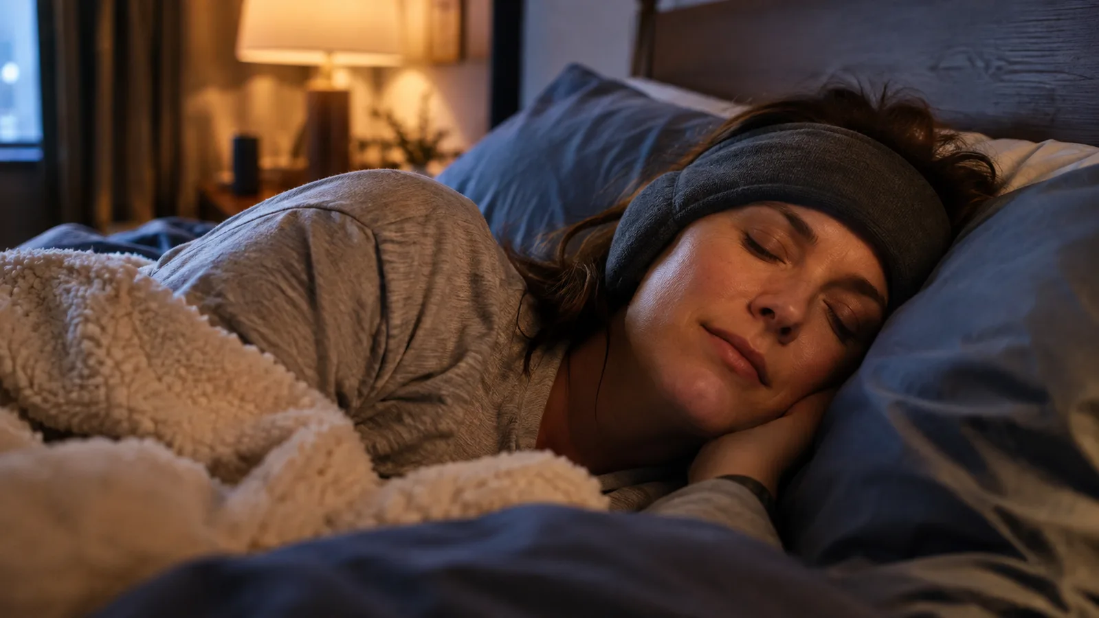 A woman napping on a home bed wearing a soft fabric headband style sleep headphone over her ears in afternoon light.